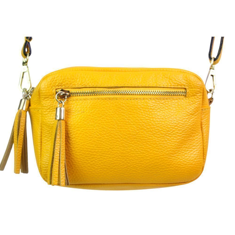 ITALY YELLOW GENUINE LEATHER TASSELS ZIP TOP X-BODY SHOULDER BAG CLUTCH HANDBAG
